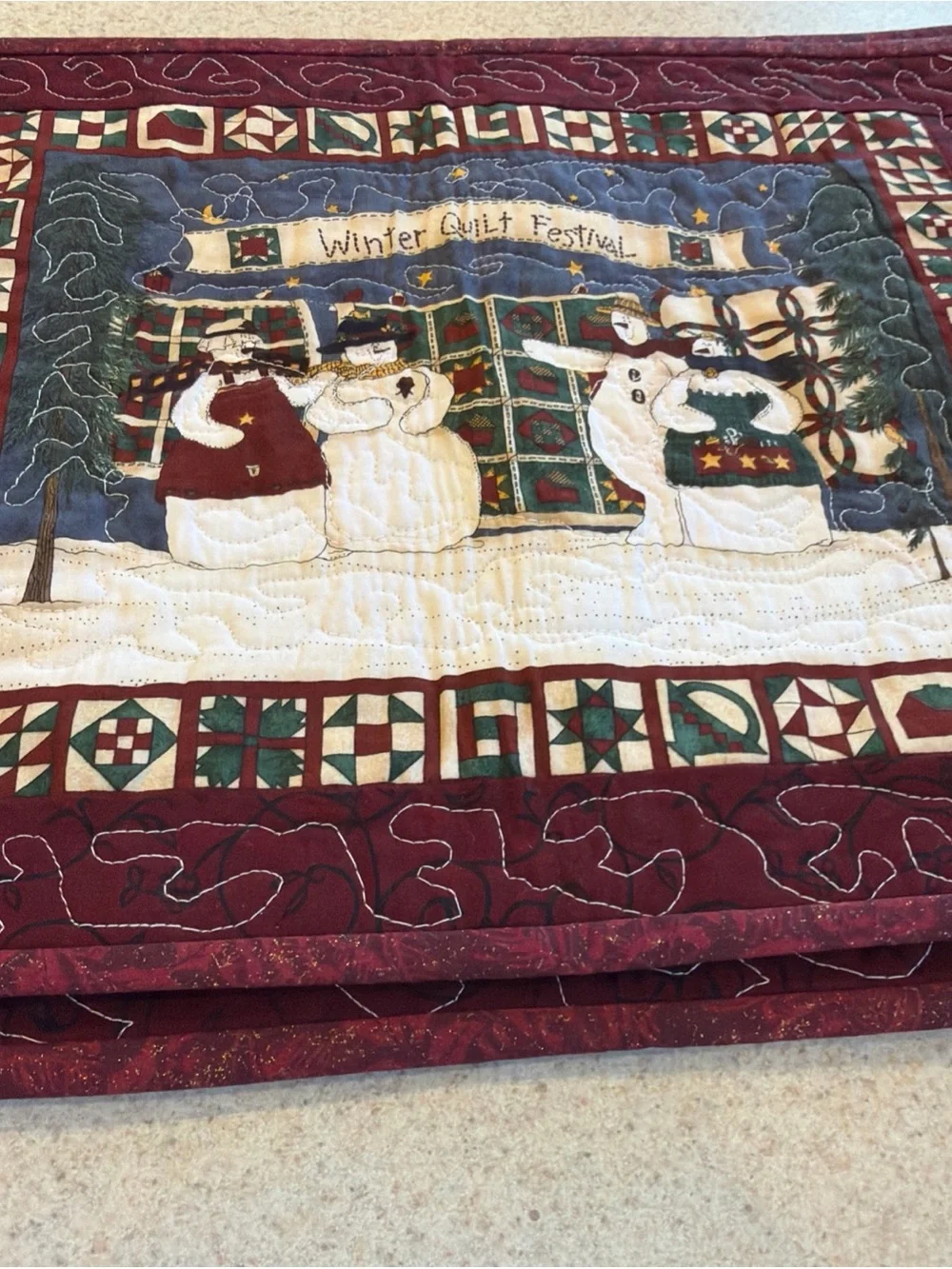 Winter Quilt Guild Snowmen set of 4 placements - Burgundy reversible